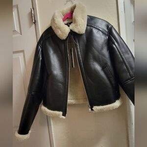 Karl Lagerfeld Black and Cream Faux Fur Vegan Jacket